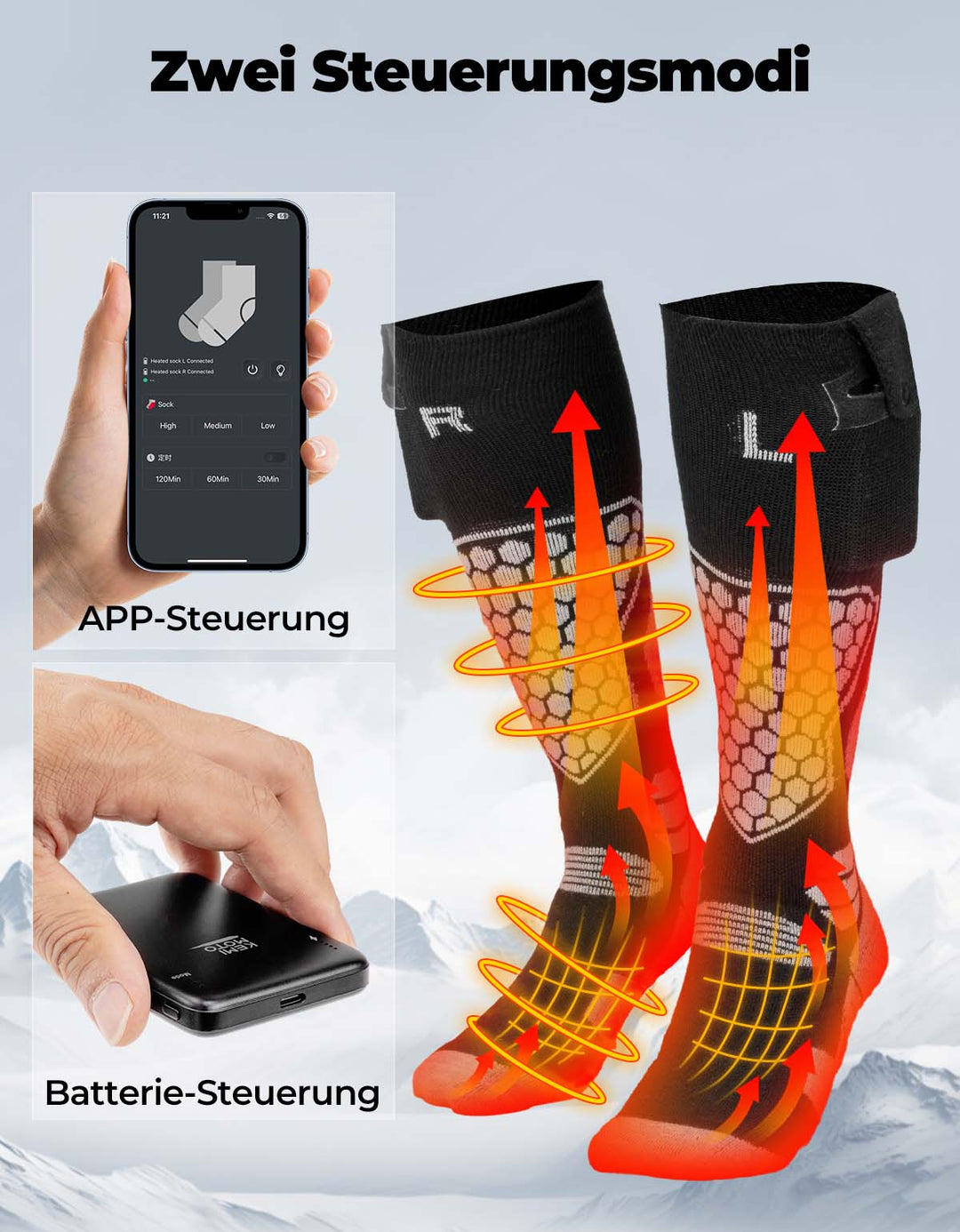 Wolle beheizte Socken für Unisex APP Control Schwarz