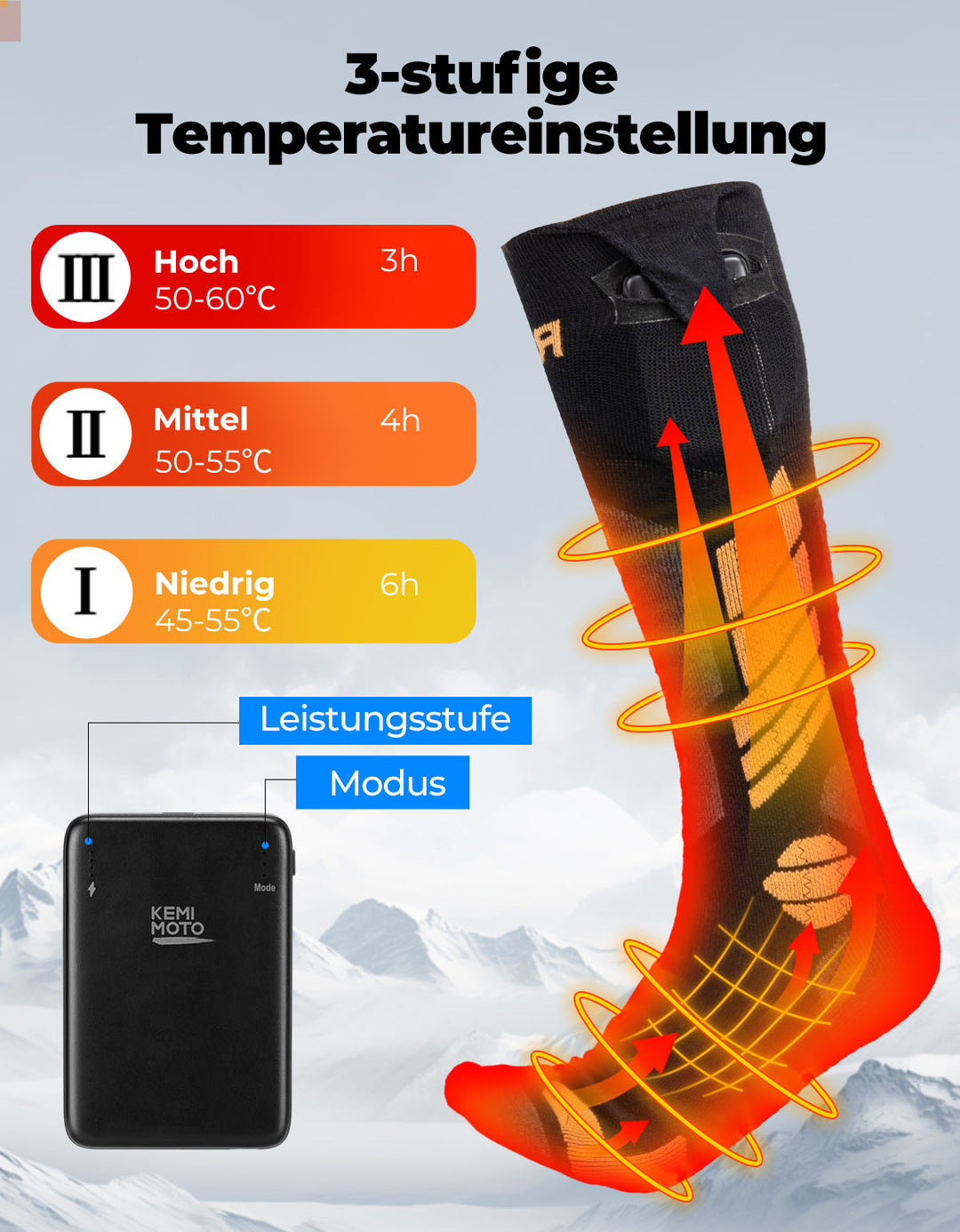 Waschbar Heizsocken mit Vollfuß- und Zehenheizung