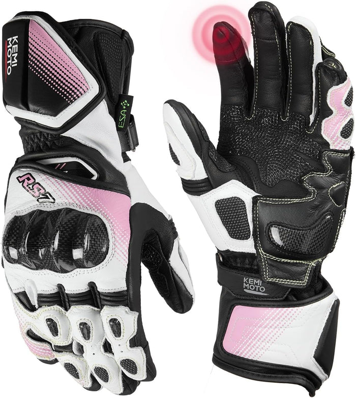 KEMIMOTO Women's Leather Motorcycle Gloves with Carbon Knuckle Protection, Touchscreen & Slim Fit