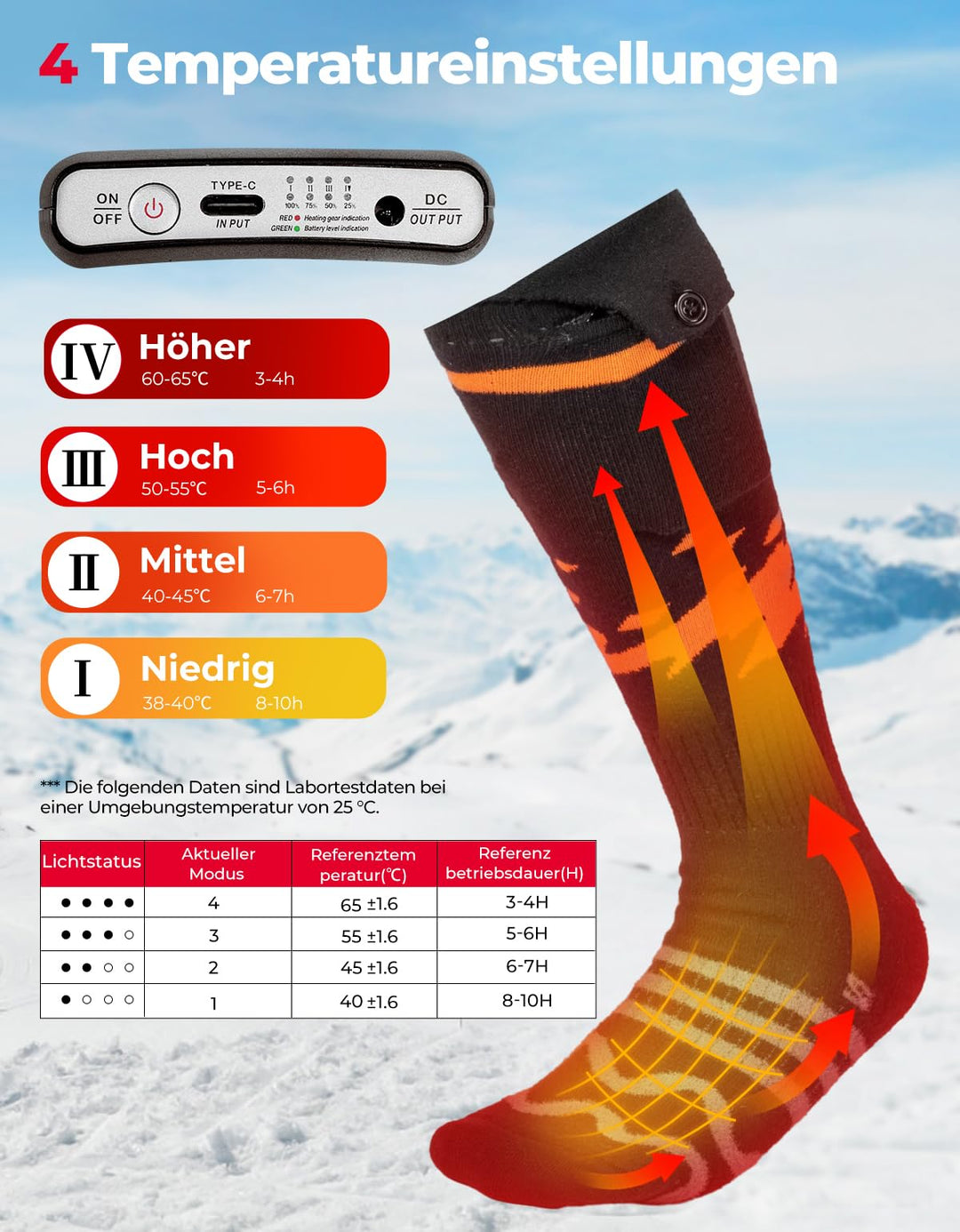 3.7V Elektrische Heizsocken mit Akku 4000mAh und APP Fernbedienung