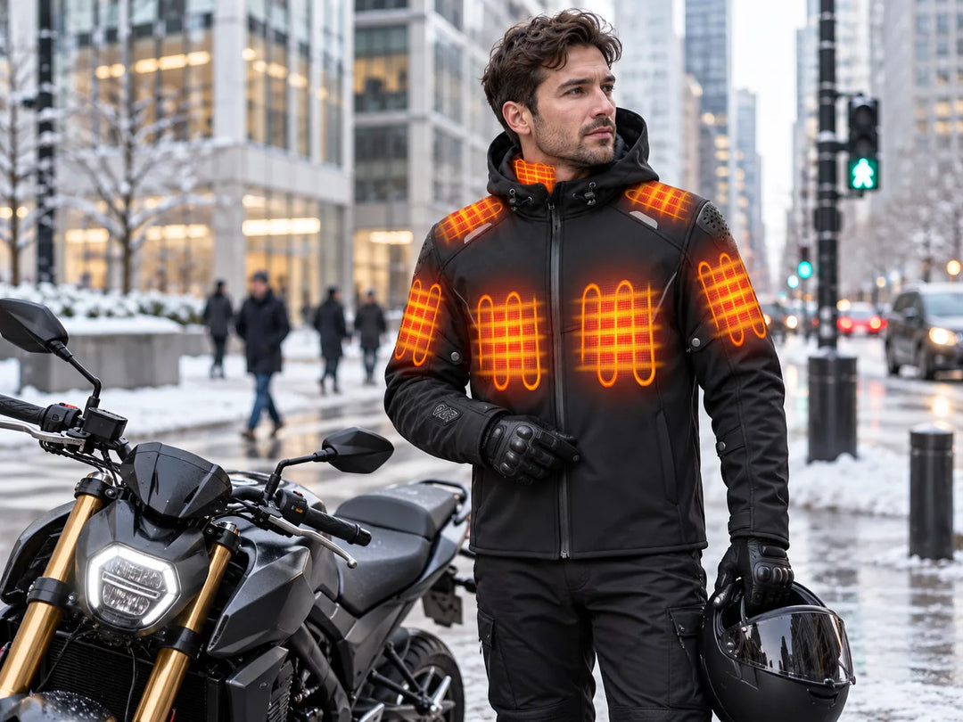 Motorcyclist wearing a heated jacket beside a motorcycle in winter