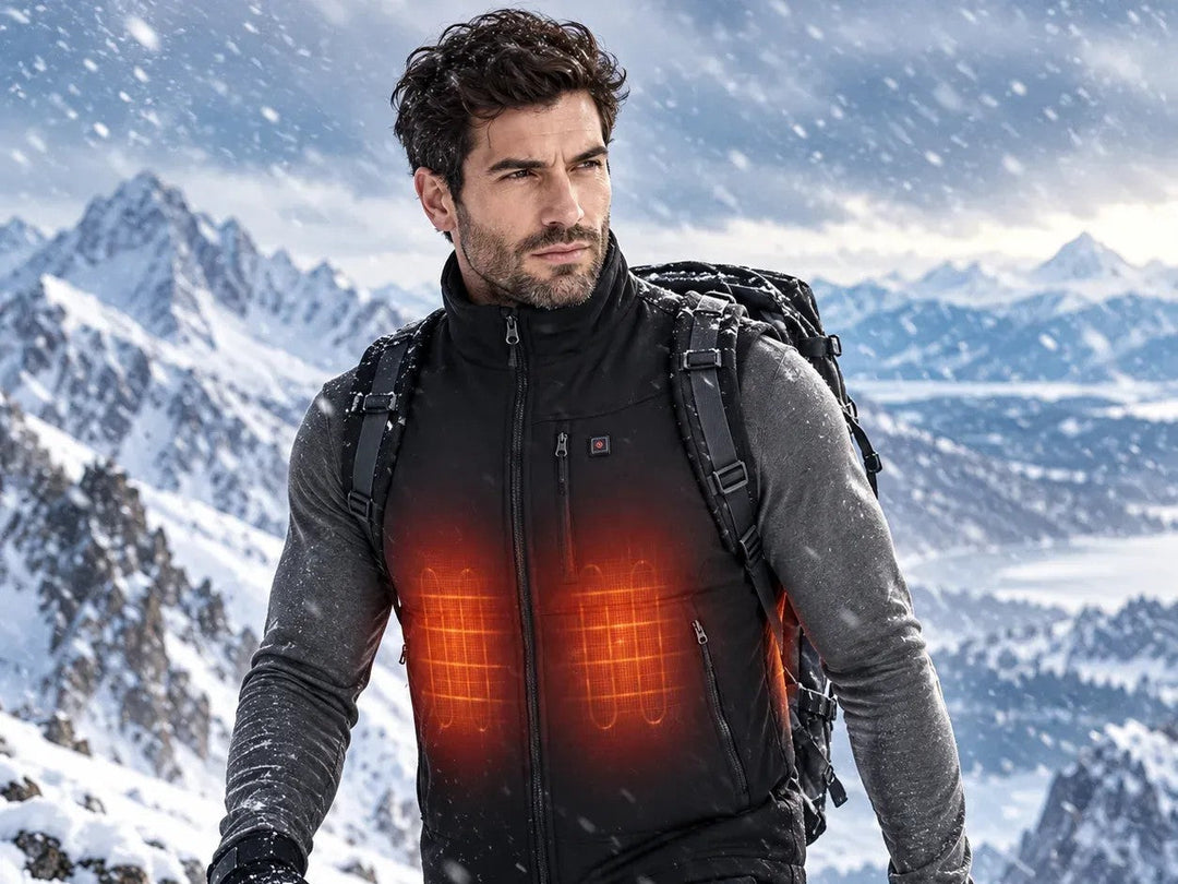 Ein Mann, der beim Wandern in den verschneiten Bergen eine beheizbare Weste trägt.