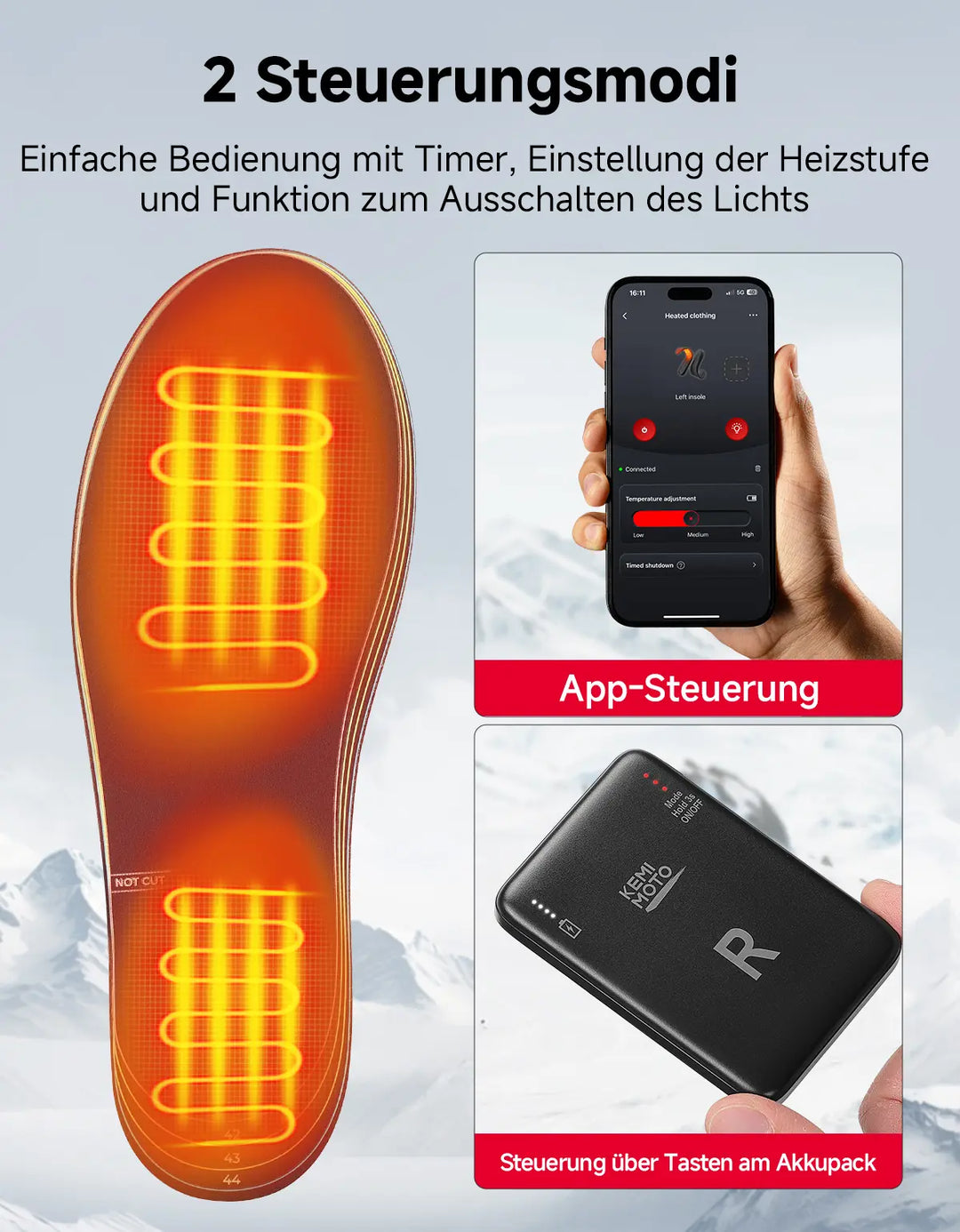 Beheizbare Sohlen mit App-Steuerung, 3 Heizstufen und Vollflächenwärme