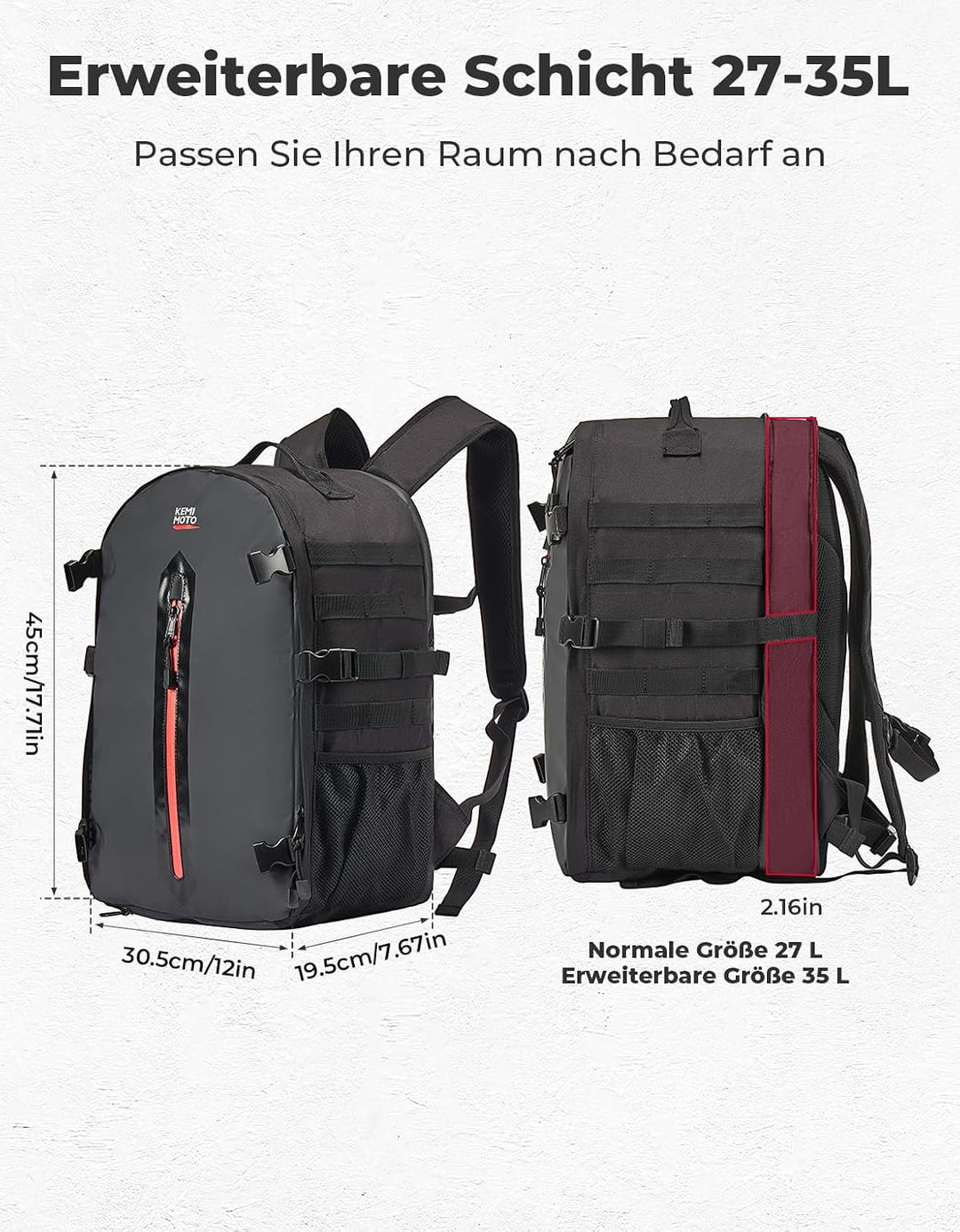 Motorradhelm Rucksack 35L mit verstecktem Helmnetz