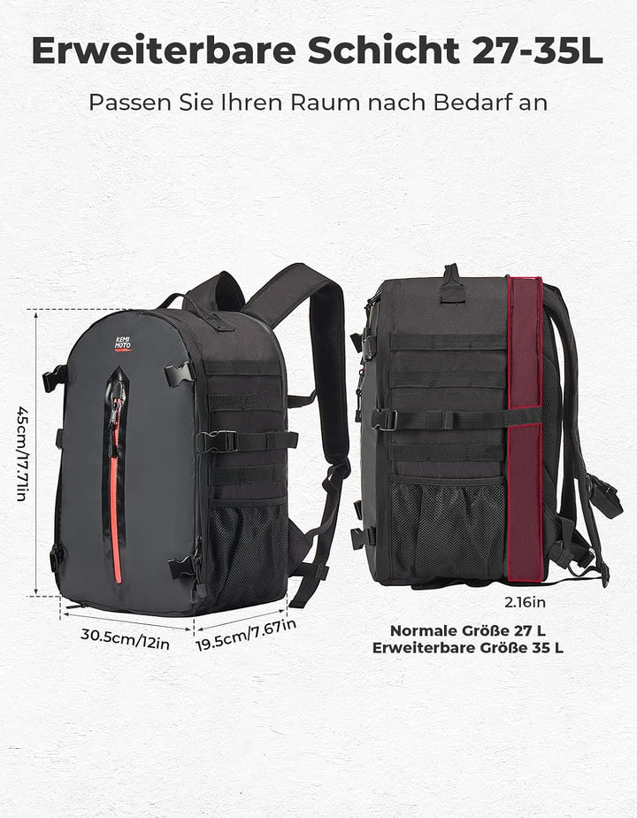 Motorradhelm Rucksack 35L mit verstecktem Helmnetz