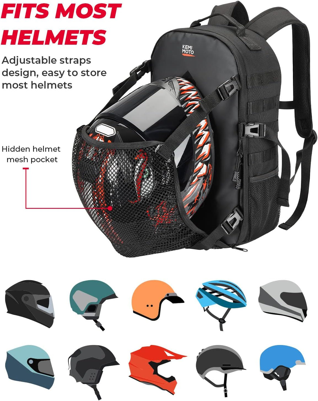 20L Motorcycle Helmet Backpack with Hidden Helmet Net