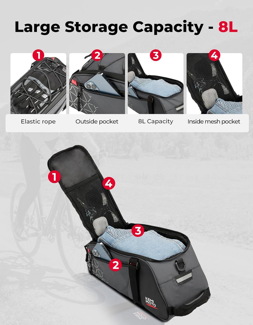 2-in-1 Gepäckträgertasche für Fahrrad hinten 8L