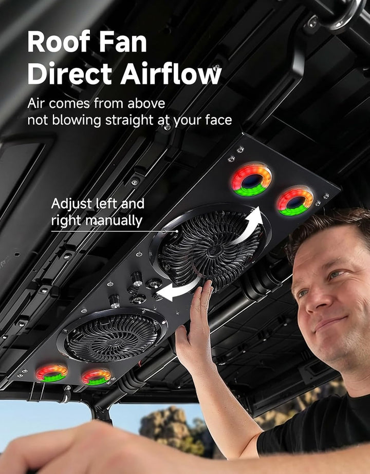 Deckenventilator mit RGB-Beleuchtung für UTVs mit einer Dachbreite von 57–42 Zoll, geeignet für Polaris Ranger, RZR, Can-Am Defender und CFMOTO Uforce