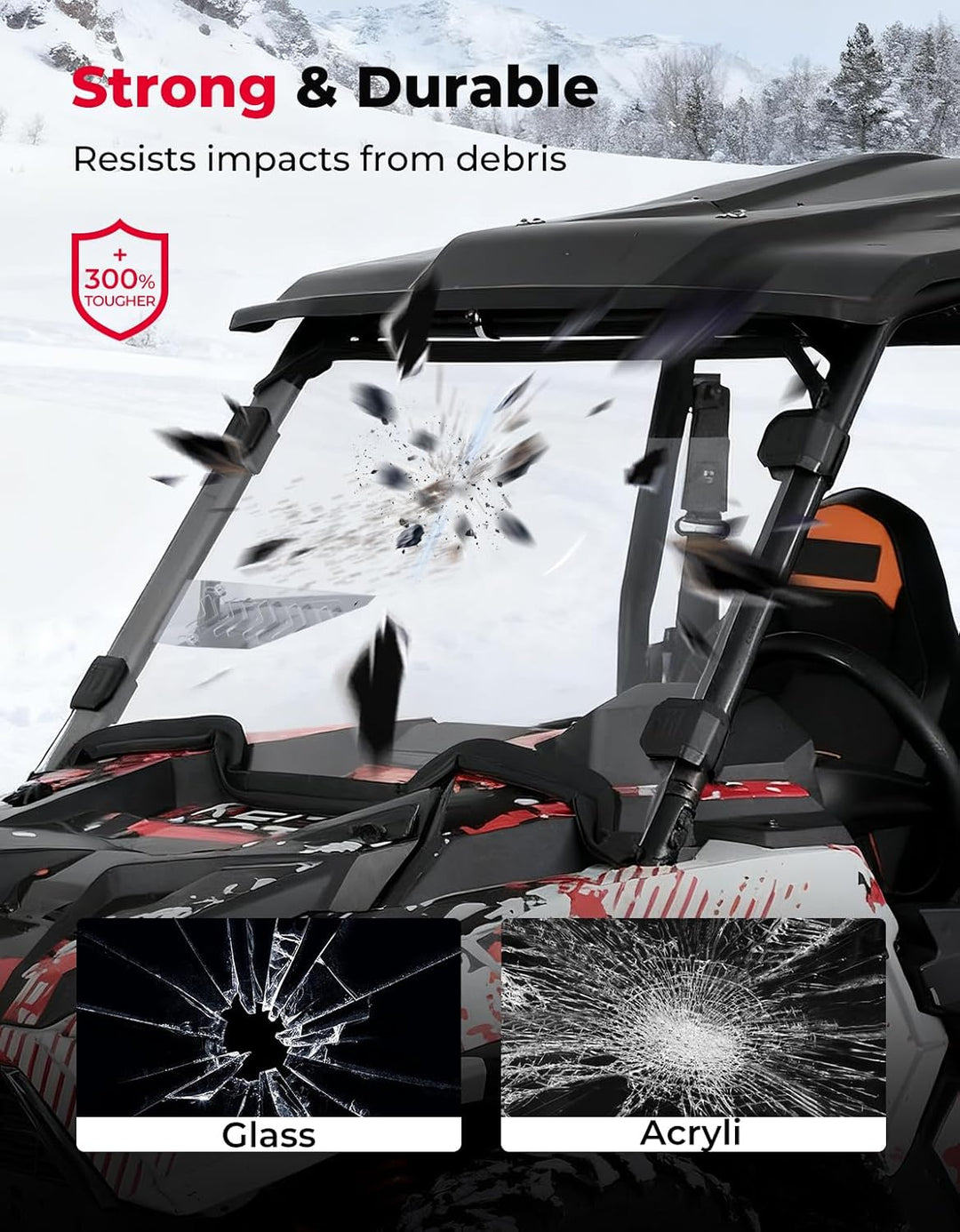 Vollständige Front-Windschutzscheibe mit 4 schwarzen Befestigungsklemmen für Polaris RZR