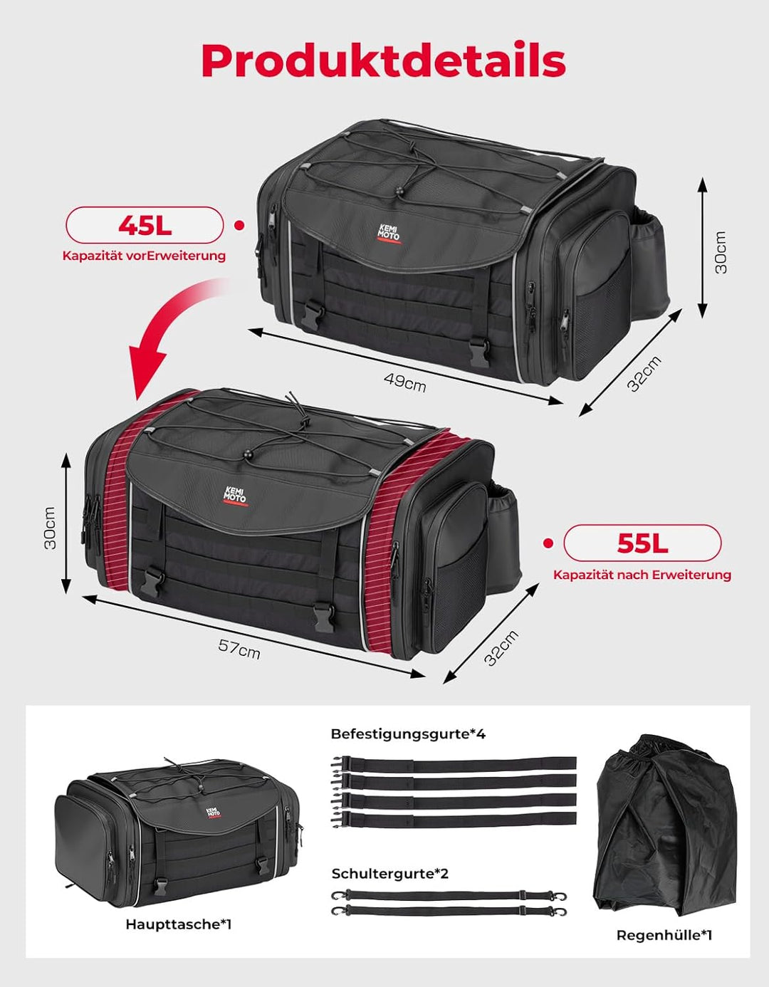 Motorrad Hecktasche 45-55L für Sattel & Gepäck