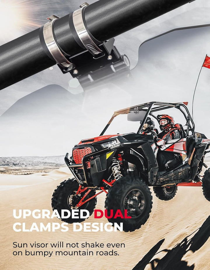 UTV-Sonnenblende, passend für 1,5–2 Zoll starke Überrollbügel an UTV-Side-by-Side-Fahrzeugen mit Windschutzscheibe