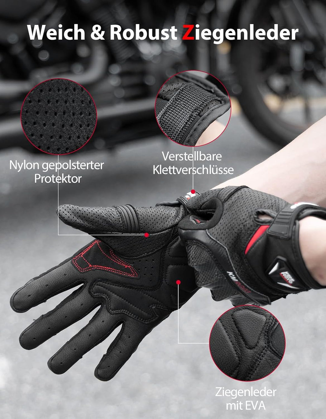 Leder Motorradhandschuhe mit Touchscreen für Herren