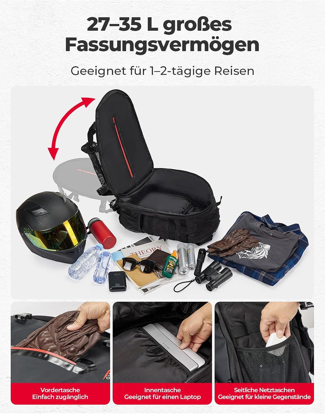 Motorradhelm Rucksack 35L mit verstecktem Helmnetz