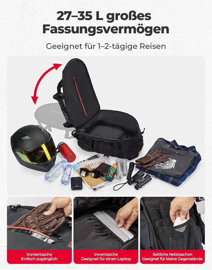 Motorradhelm Rucksack 35L mit verstecktem Helmnetz
