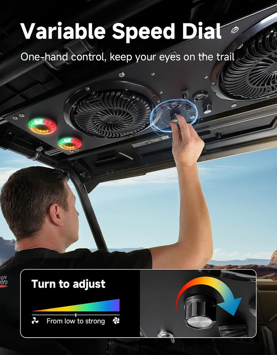 Deckenventilator mit RGB-Beleuchtung für UTVs mit einer Dachbreite von 57–42 Zoll, geeignet für Polaris Ranger, RZR, Can-Am Defender und CFMOTO Uforce
