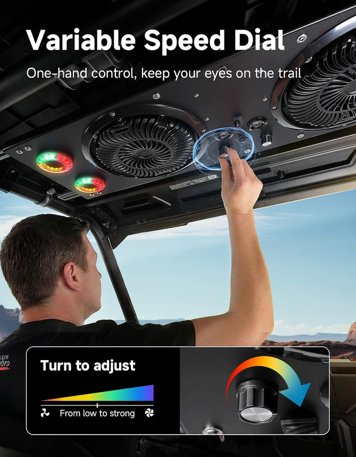 Deckenventilator mit RGB-Beleuchtung für UTVs mit einer Dachbreite von 57–42 Zoll, geeignet für Polaris Ranger, RZR, Can-Am Defender und CFMOTO Uforce