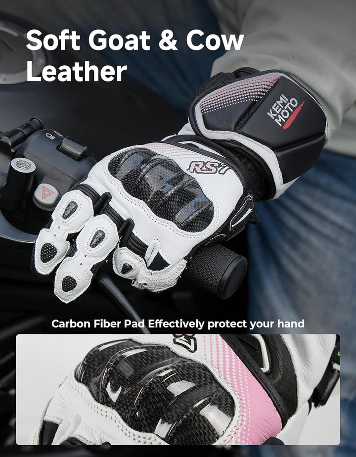 KEMIMOTO Motorradhandschuhe Leder Damen mit Carbon-Knöchelschutz, Touchscreen & schmaler Passform