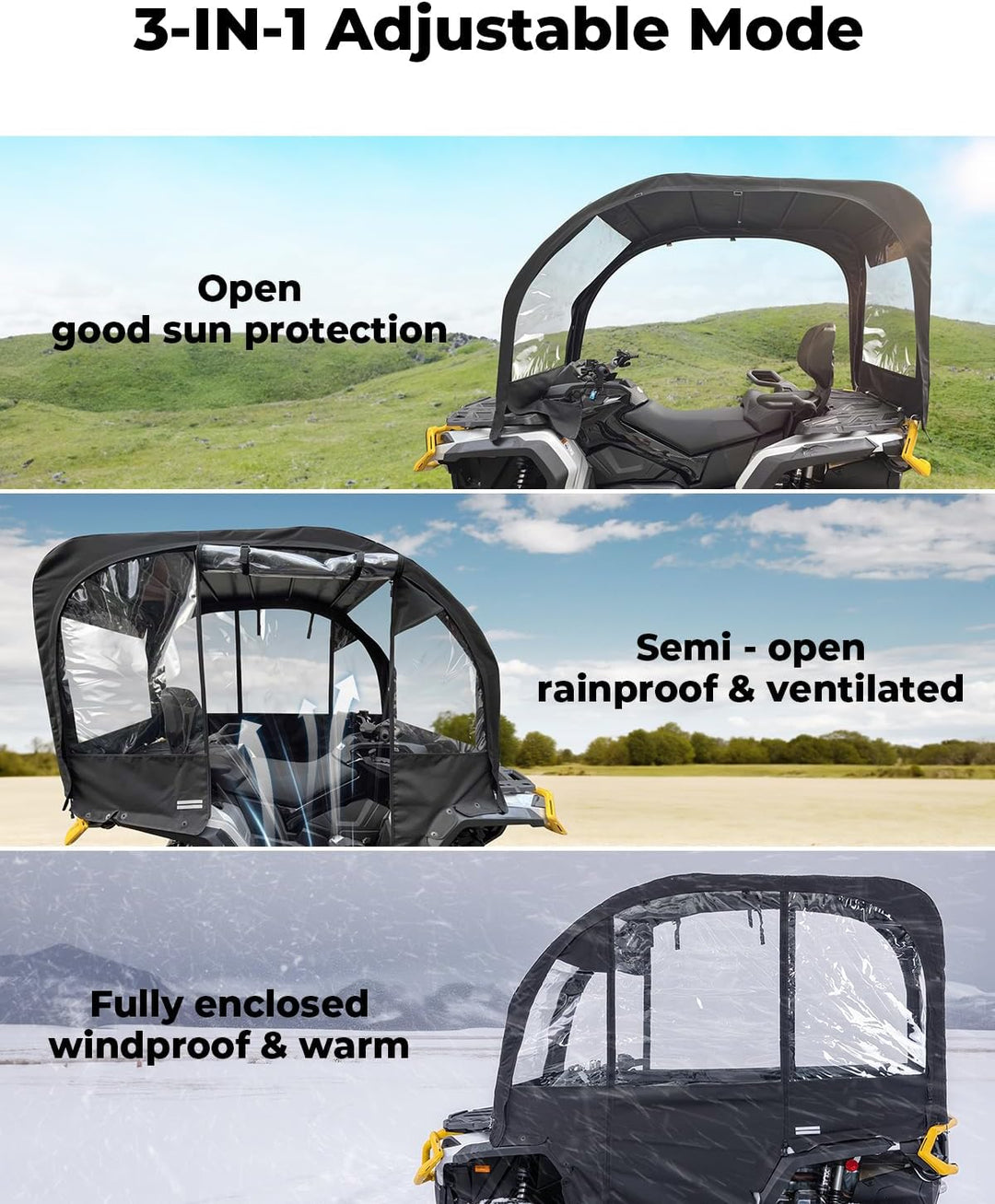 KEMIMOTO Extra Große ATV Kabineneinhausung - 3-in-1 Verstellbares Allwetter-Verdeck mit Voller Sicht