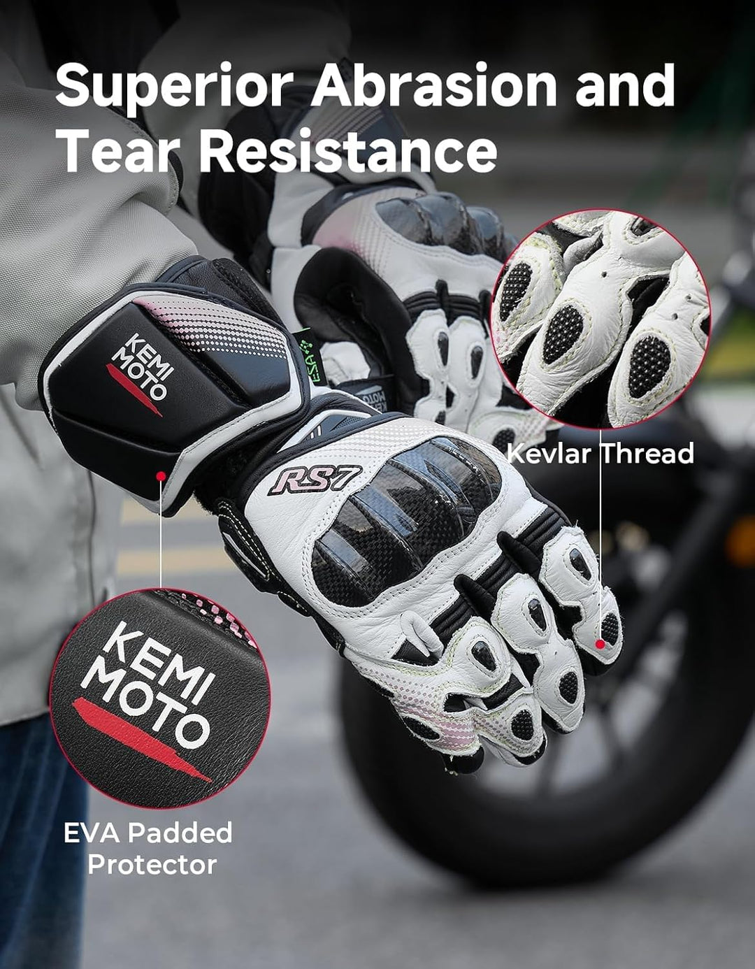 KEMIMOTO Motorradhandschuhe Leder Damen mit Carbon-Knöchelschutz, Touchscreen & schmaler Passform