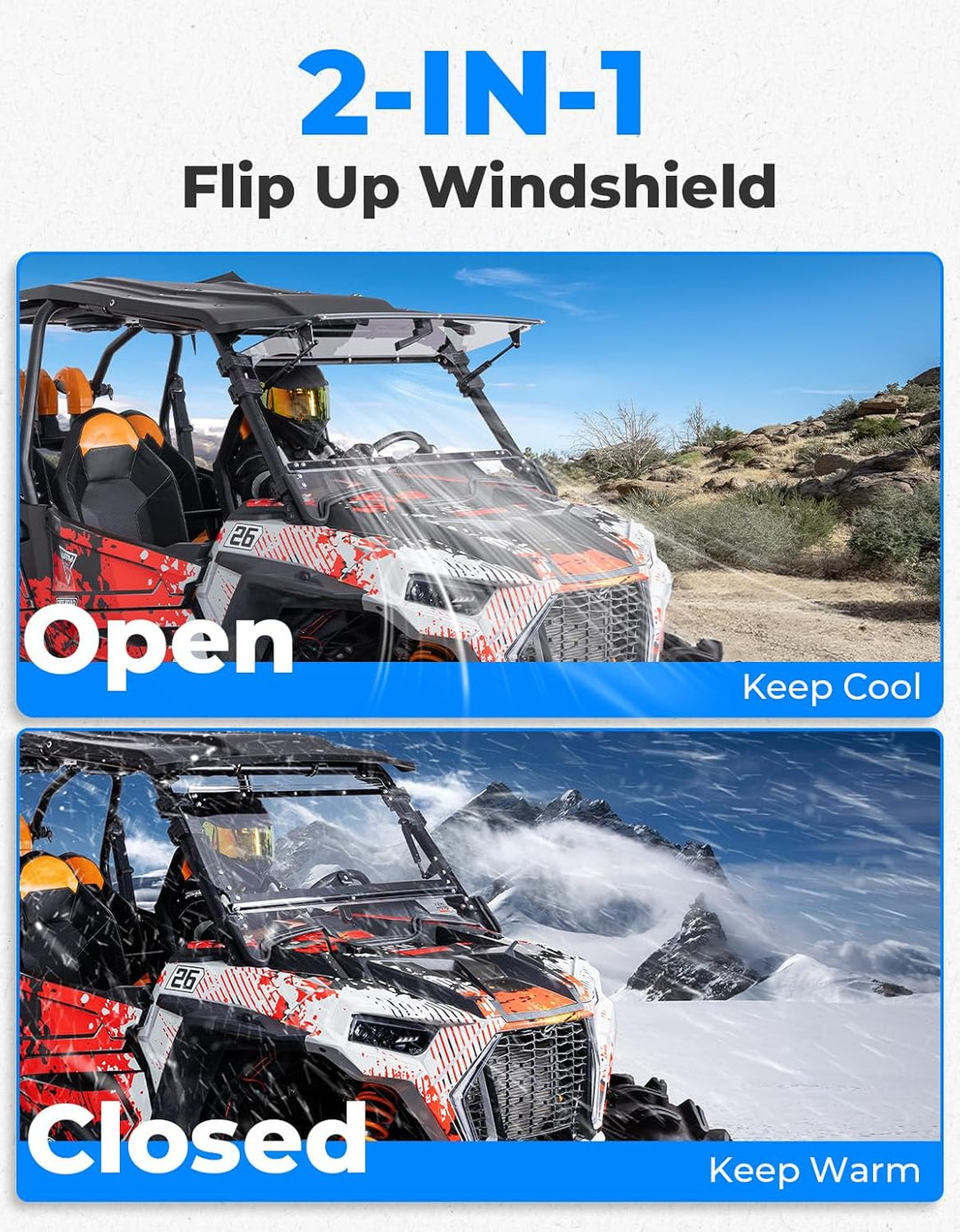 2-in-1 Klappbare Windschutzscheibe kompatibel mit Polaris RZR XP 1000 / Turbo (2019-2023), 2 & 4 Sitzer