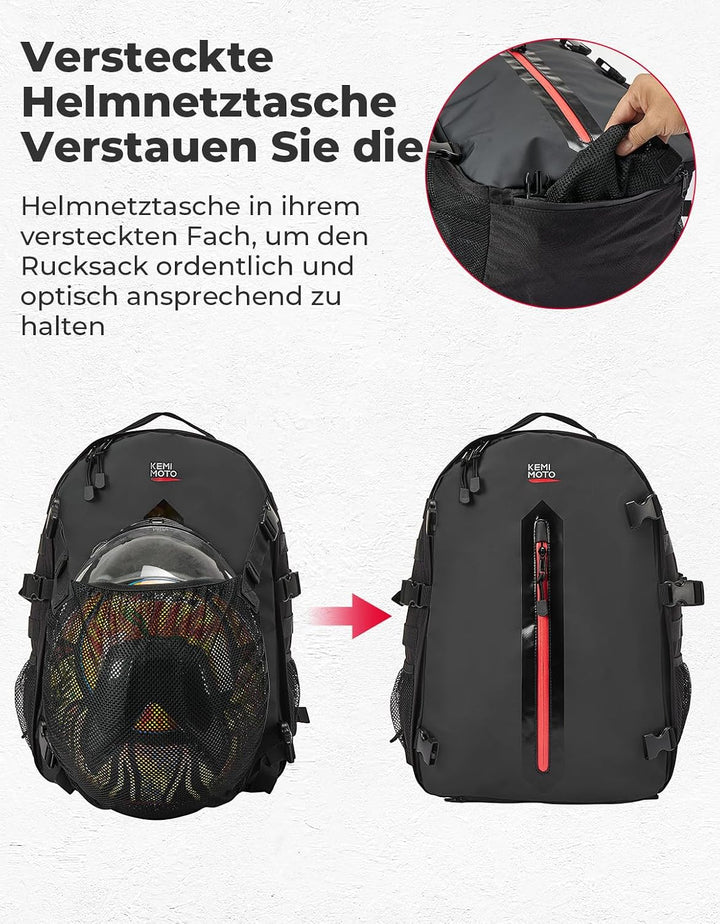 Motorradhelm Rucksack 35L mit verstecktem Helmnetz