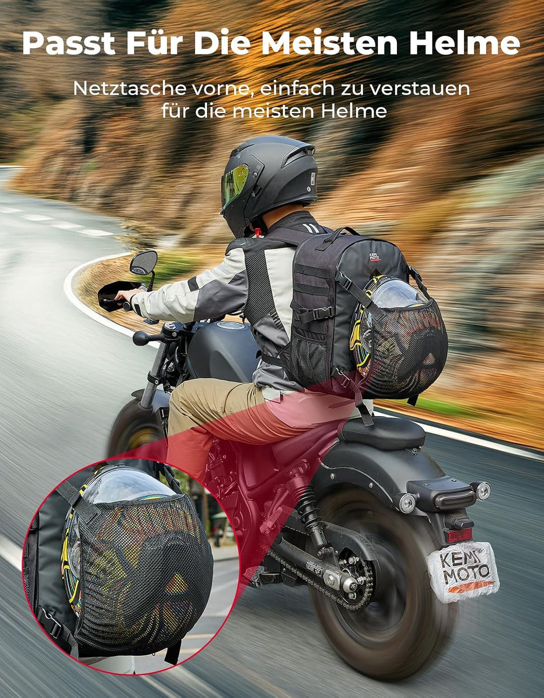 Motorradhelm Rucksack 35L mit verstecktem Helmnetz