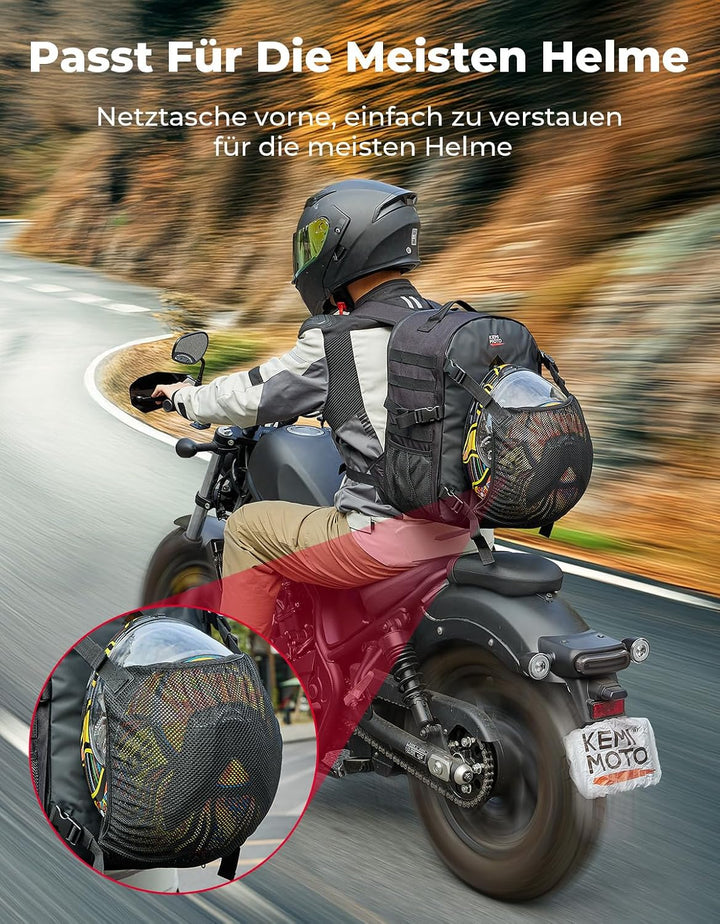 Motorradhelm Rucksack 35L mit verstecktem Helmnetz