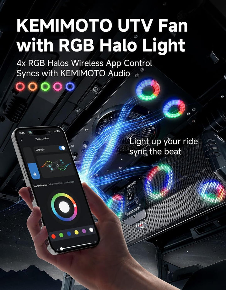 Deckenventilator mit RGB-Beleuchtung für UTVs mit einer Dachbreite von 57–42 Zoll, geeignet für Polaris Ranger, RZR, Can-Am Defender und CFMOTO Uforce