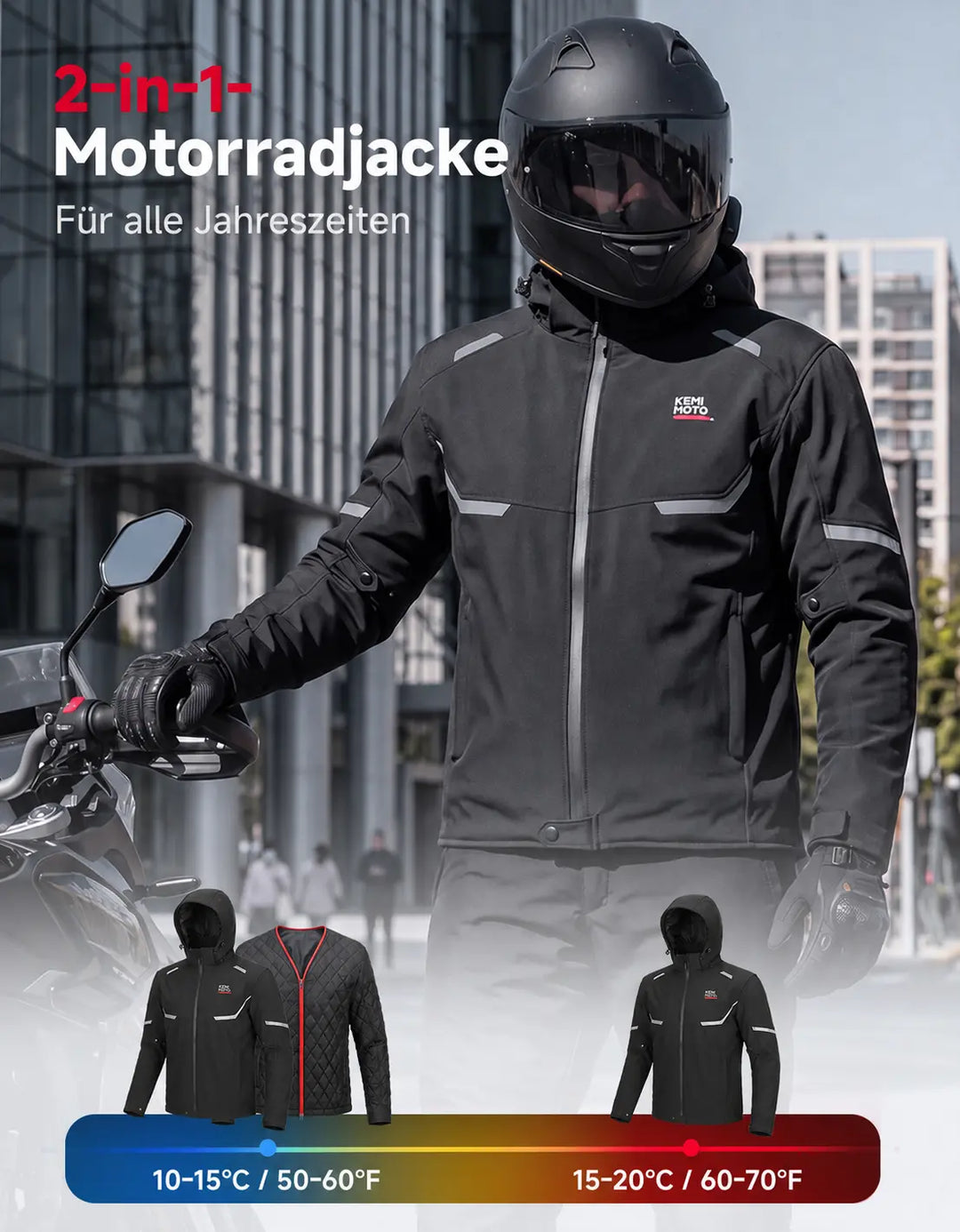 2-in-1 Motorradjacke mit CE-Protektoren und Innenfutter