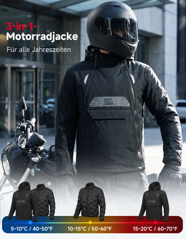 3-in-1 Motorradjacke mit CE-Protektoren und 270 g Innenfutter