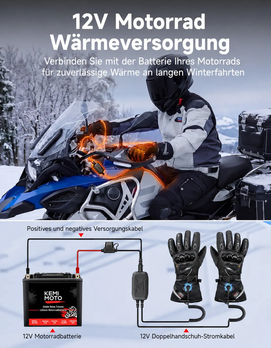 Beheizbare Motorradhandschuhe mit Hybrid-Strom & Magnetanschluss