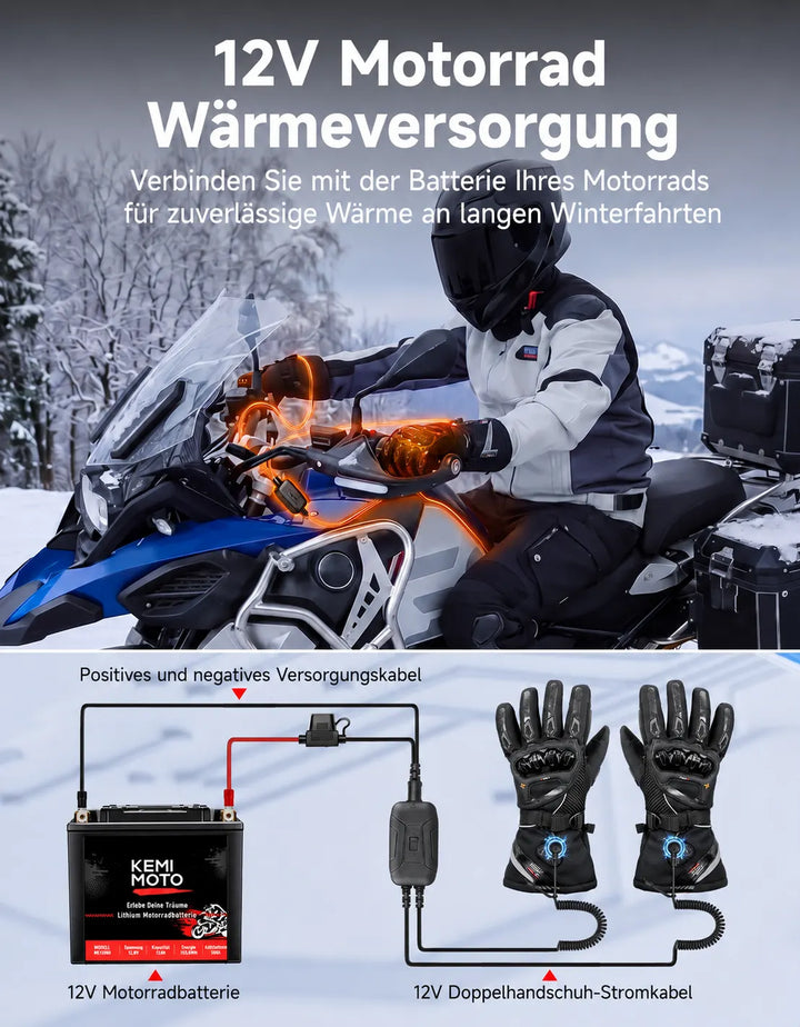 Beheizbare Motorradhandschuhe mit Hybrid-Strom & Magnetanschluss