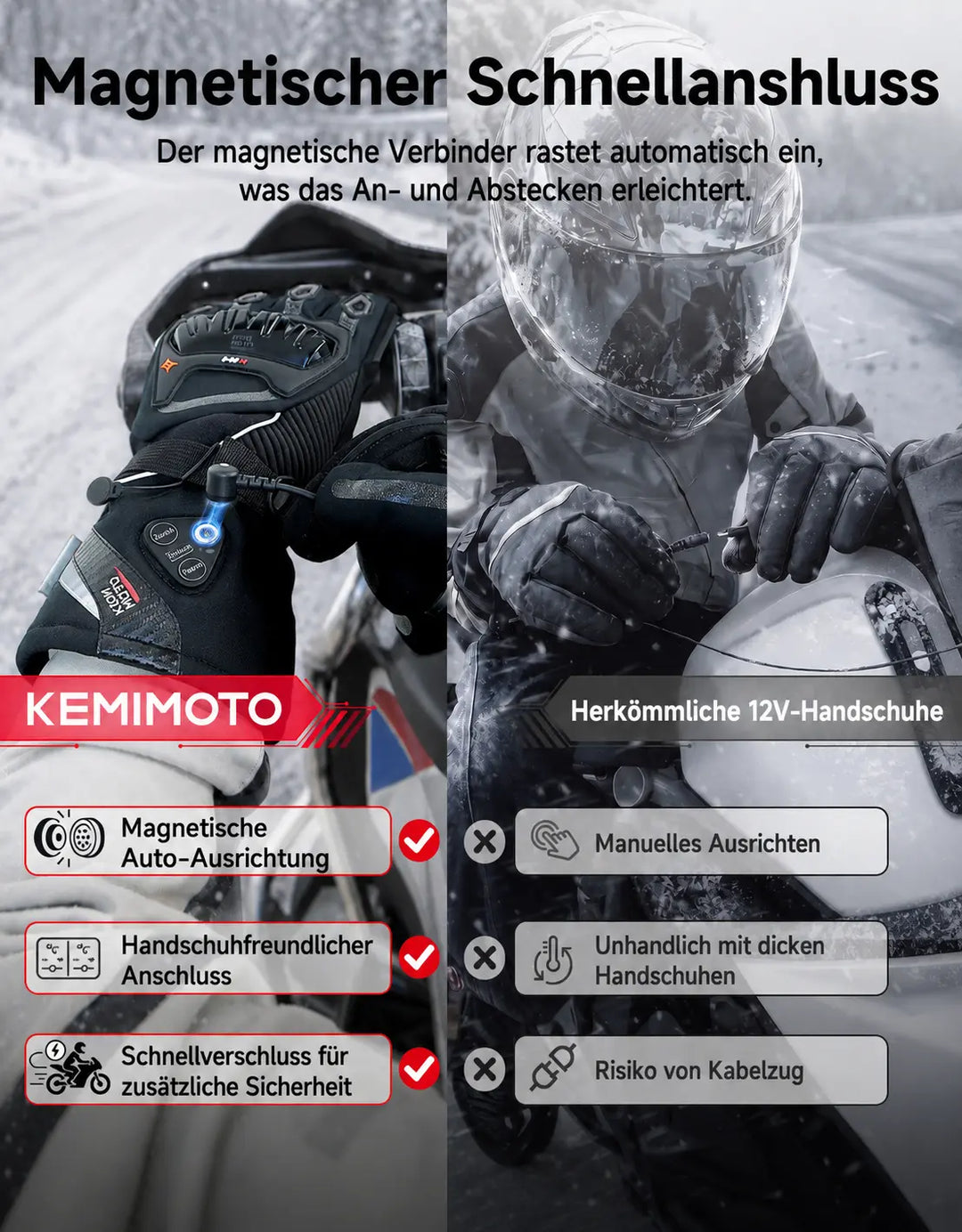 Beheizbare Motorradhandschuhe mit Hybrid-Strom & Magnetanschluss