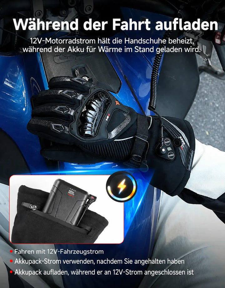 Beheizbare Motorradhandschuhe mit Hybrid-Strom & Magnetanschluss