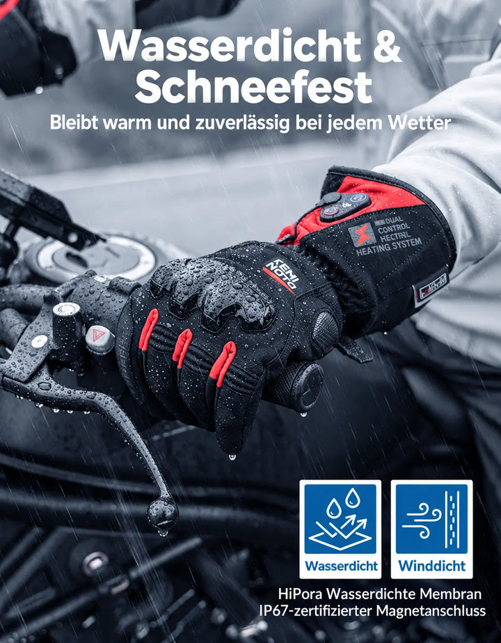 Beheizbare Motorradhandschuhe mit Hybridversorgung, 2 Heizzonen und Touchscreen