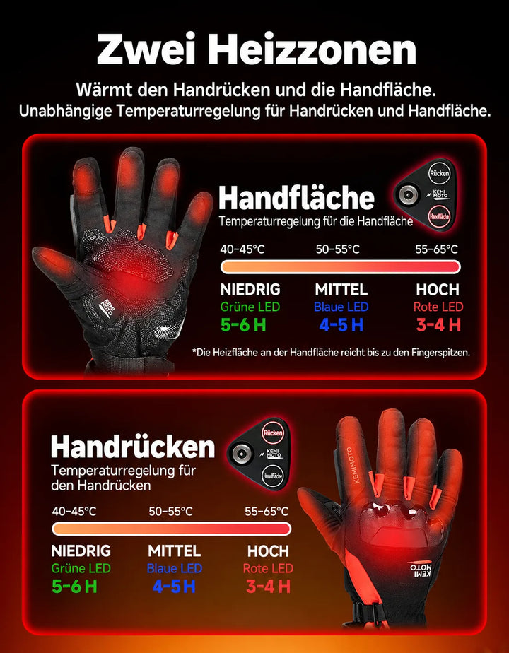 Beheizbare Motorradhandschuhe mit Hybridversorgung, 2 Heizzonen und Touchscreen